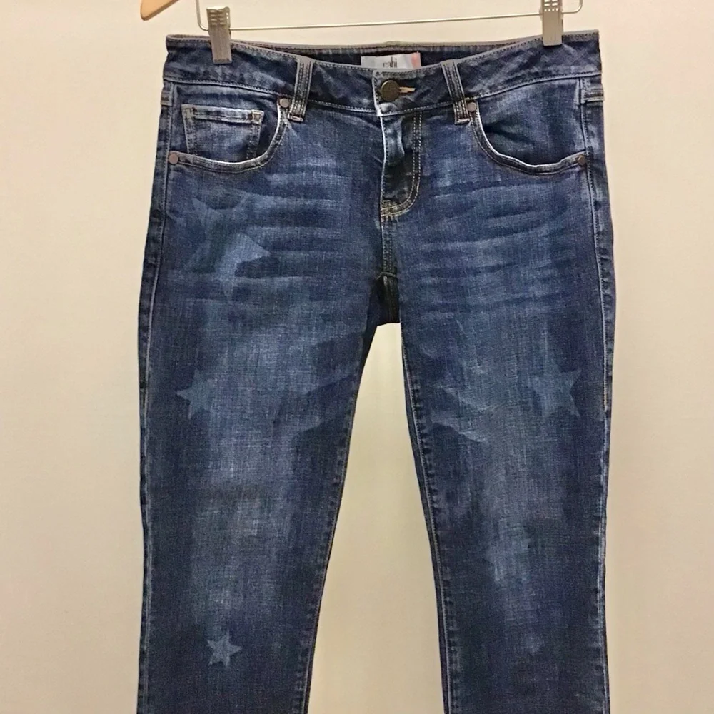 Cabi 2 Slim Boyfriend Two Tone Stars Women’s Jeans Frayed Hems Cropped Stretch